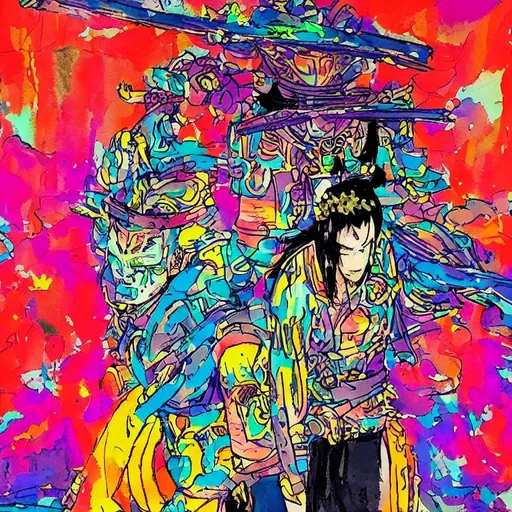 Prompt: worn samurai contemplating hari kari COLORFUL NEON anime
