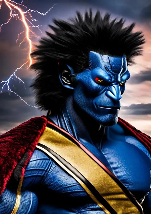 Prompt: High-resolution hyperrealistic photo of x-man nightcrawler kurt wagner merged with x-man beast hank mccoy, blue-black skin and fur, very muscular, black and red and gold costume, kind, sad, feral, uhd, hdr, 64k