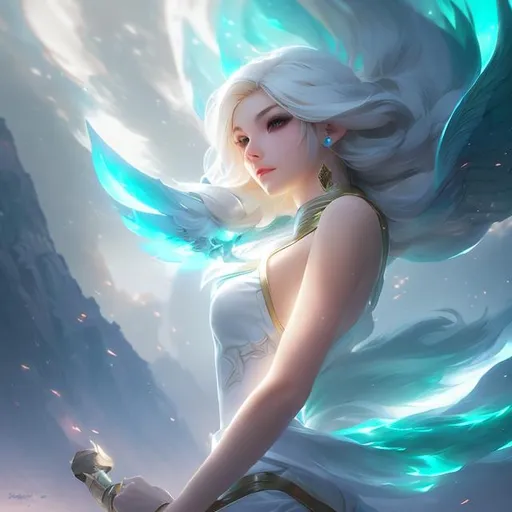 Prompt: upper torso portrait of league of legend's Janna as wind spirit, white hair, soft lighting, perfect composition, cinematic, video game trailer, dramatic, detailed painting, 8k, octane render, by makoto shinkai, stanley artgerm lau, wlop, rossdraws, concept art, digital painting, looking into camera,