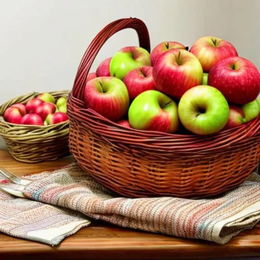 Prompt: A large wicker basket filled with chromatic apples, sitting on a table top, other fruit on the table 
