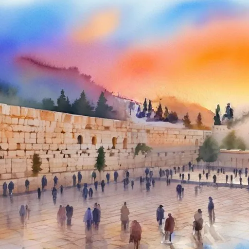 Prompt: watercolor of sunset over western wall
