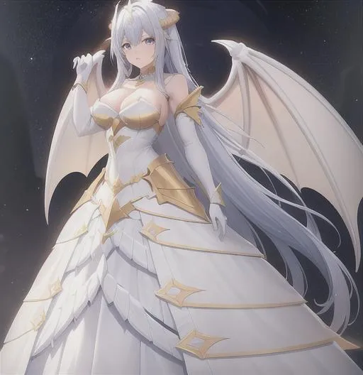 Prompt: White and gold, dragon knight, wings, large dragon tail, armor, woman, long dress, symmetrical