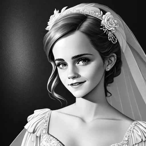 Prompt: Pencil painting of
Emma Watson in the style of Jean Baptiste-Carpeaux, in wedding dress, diamond ring, big smile