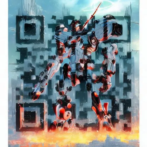 Prompt: masterpiece, best quality, mecha, no humans, black armor, blue eyes, science fiction, fire, laser canon beam, war, conflict, destroyed city background