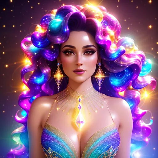Prompt: Beautiful ethereal being, magic glowing orbs, ((wearing diamantine intricate gown)) ((bright multi coloured galaxy curly hair)), glowing, trails of light, wisps, soft white skin, slight sparkles, unreal engine 8k octane, 3d lightning, stellar, quartz, gem rain, luminous chest, fantasy