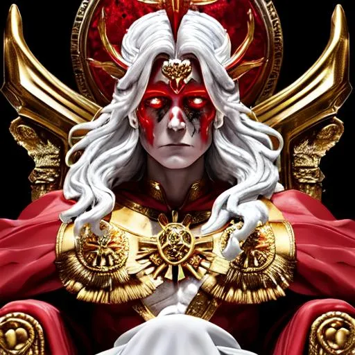 Prompt: clear skin, bleeding minerals, blood, red, gold, god-like figure, diety, divine, evil, on a Throne, War captain