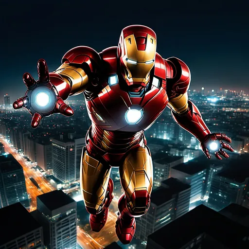 Prompt: Iron Man flying over a cityscape at night.