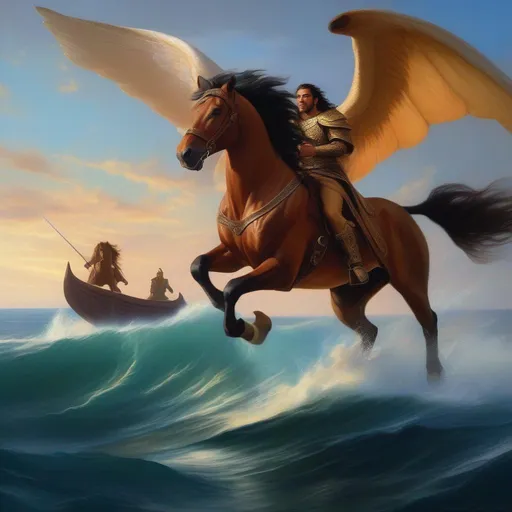 Prompt: (masterpiece, professional oil painting, epic digital art, best quality), D&D, a Chimera (((With the features of a Horse, Lion, and a Whale))) being ridden by an unseen warrior, traveling across an open ocean,