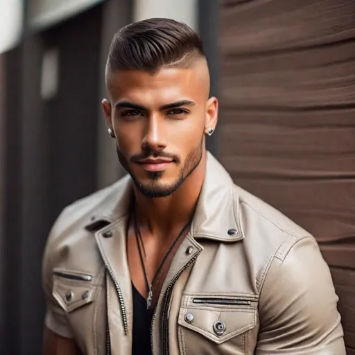 Prompt: full-body pic of a beautiful, attractive, pretty, tan, young man with a shaved head and some facial hair, wearing a leather jacket and a short-sleeve button-up shirt, pants, hyperdetailed {symmetrical eyes}, {defined shredded musculature, broad shoulders, wide chest}, brooding smile, center frame, intricate detail, best quality, uhd, 4k, symmetry  