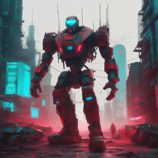 Prompt: destroyed cyberpunk LED city robot scavengers red cyan 