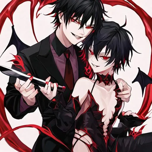 Prompt: Damien (male, short black hair, red eyes), demon form, grinning seductively, holding a knife, hearts around him
