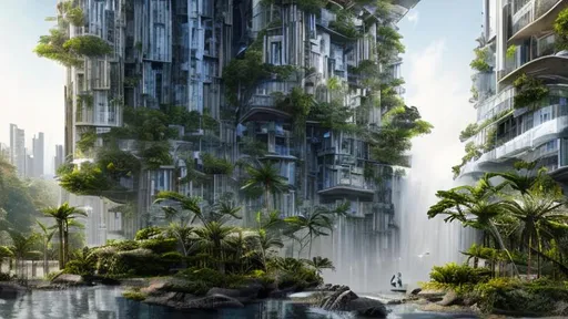 Prompt: Futuristic city inside the jungle, very modern tall building, waterfalls, street view, lush begetation, epic composition, photorealism, beautifully detailed, sharp light,persian architecture, concrete, fantastic lighting, ar 16:9 v5.1