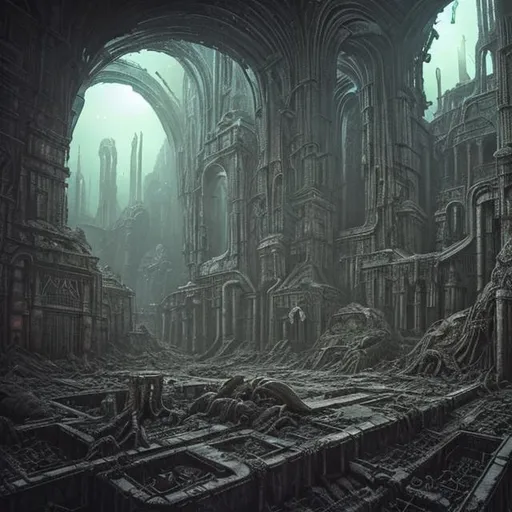 Prompt: fantasy sci-fi necropolis giger realistic lovecraft detailed  otherworldly dystopian abandoned interior
 temple post-apocalyptic beksinski animated