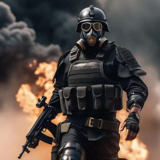 Prompt: A modern roman military male general in black military armor, with a pistol and gas mask, background war battle, Hyperrealistic, sharp focus, Professional, UHD, HDR, 8K, Render, electronic, dramatic, vivid, pressure, stress, nervous vibe, loud, tension, traumatic, dark, cataclysmic, violent, fighting, Epic