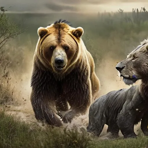 Prompt: In the fictional battle between the bear and the lion, you can imagine a thrilling clash between two mighty predators. Here are some additional elements that can add excitement to the battle:

1. Setting: The battle can take place in a natural environment such as a dense forest or a vast savannah. The location can have an impact on the flow of the battle and the strategies of the animals.

2. Individual skills: The bear can be known for its wrestling abilities and immense strength, while the lion can showcase its speed, hunting skills, and swift attacks.

3. Allies and enemies: Other animals can participate in the battle as allies to one of the animals, or there can be additional enemies intervening in the fight, forming alliances against one of the animals.

4. Natural weapons: The animals can utilize their natural weapons such as claws, fangs, and brute strength to execute powerful attacks and painful strikes.

5. Strategy and tactics: The bear and the lion can employ different strategies for offense and defense, such as ambush attacks, wrestling tactics, or retreating and waiting for the right opportunity.

6. Outcome: The battle can end with a victory for one of the animals or result in a draw, and the outcome can lead to developments in the fictional story, indicating the impact of the battle on the surrounding animal world.

The fictional scene should be filled with excitement and suspense. You can explore your imagination and add details according to your preferences to create an epic battle between the bear and the lion.