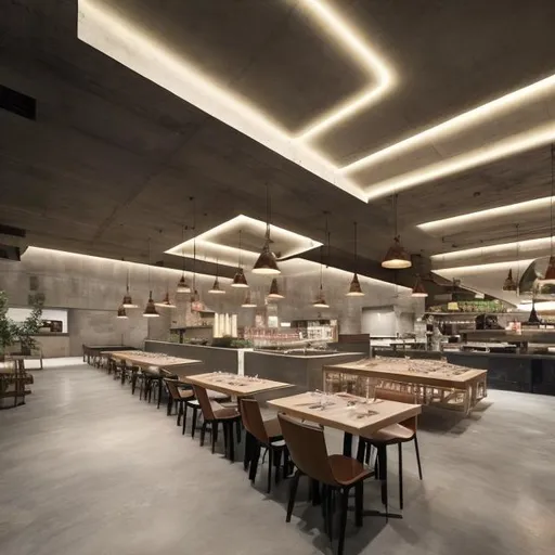 Prompt: Please Create a high-end food hall that uses concrete and creative lighting to enhance the user experience, the hall is y shaped and holds many different counters for different restaurants with some high bar side tables as well as wall displays for chocolates and other goods