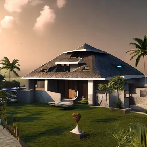 Prompt: modern design of beautiful detailed family house with a roof and intricate and artistic congolese rare minerals details with elements of precolonial Congolese inspiration kinshasa, volumetric natural light, cinematic light, ultra realistic, vray, far view, perspective landscape