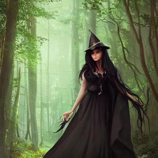 Prompt: a full body portrait of a hot 17 year witch looking like Wednesday  with long black hair, with green eyes, with a dark dress, standing in the forest
realistic face, art by artgerm and felix englund and greg rutkowski