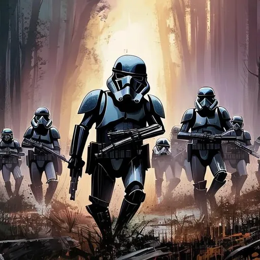 Prompt: Make a sketched phonk style art of a  Star Wars death trooper marching with other troopers in a base on Endor use the web for reference minus the phonk part but then make it into a phonk sketched style. Add more imperial Star Wars imperial base Background.
