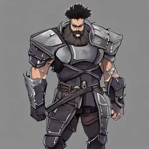 Prompt: draw a coloured anime style incredibly buff man wearing heavy armor with gray skin and a large beard