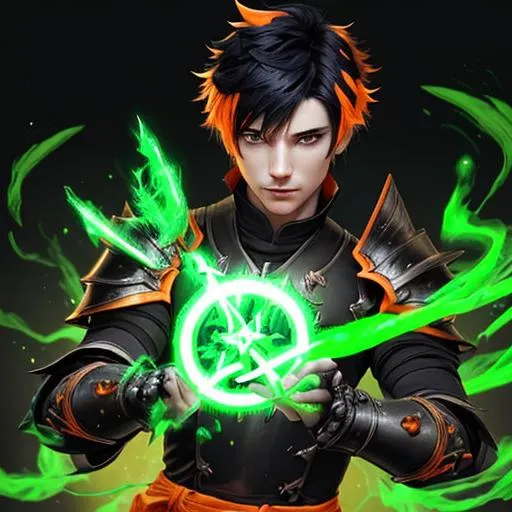 Prompt: Male human cleric with orange and black hair casting a green heal spell while wearing black and orange medium armor