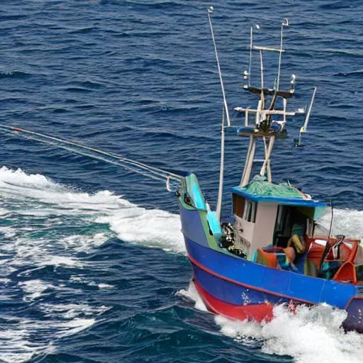 Prompt: Cartoonish tuna escaping from fishing boat
