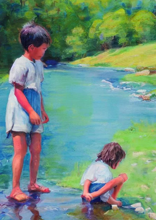 Prompt: Grassmere  river children painting 