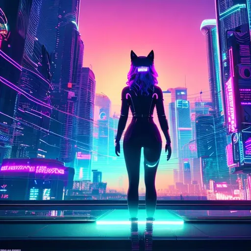 Prompt: Full body in shot. Epic. ((Ultra-detailed depiction)). (Beautiful and aesthetic:1.2). synth-wave, aesthetic cyberpunk, Miami, highway, dusk, neon lights, coastal highway, anthropomorphic fox,