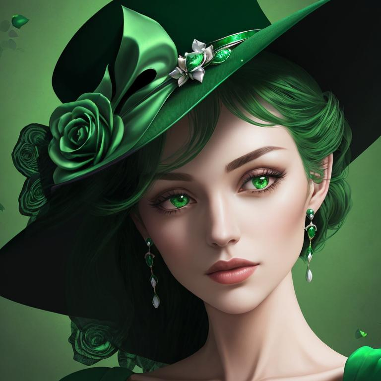 Emerald lady wearing a emerald hat with emerald roses