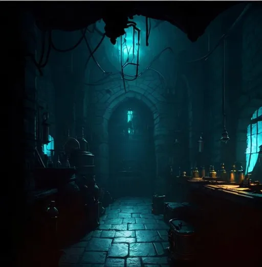 Prompt: D&D Medieval Evil Alchemist's Underground Research Lab in Dungeon,  Dark Sci-fi Fantasy,  lots of flasks filled with magic liquids, black and cyan color scheme, narrative environment concept art scene, mysterious atmosphere, dramatic lighting,  digital art, cryengine render 8 k uhd