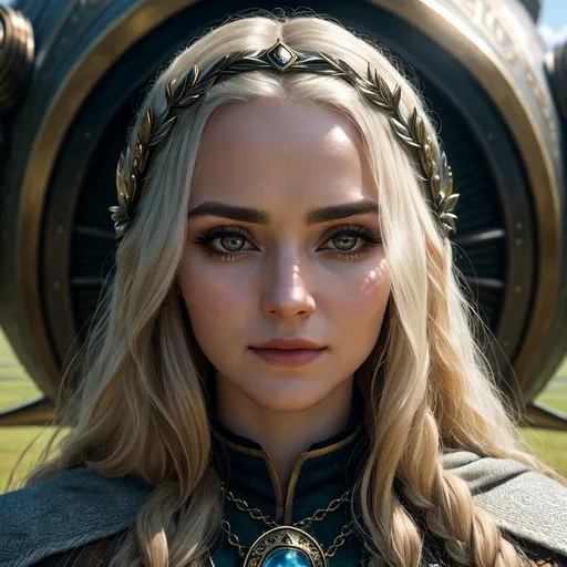 Prompt: Anthropomorphized "Lord of the Rings", she is wearing an outfit inspired by "Lord of the Rings", high detail, realistic oil painting, centered in frame, facing camera, camera zoomed out showing background, expressive, symmetrical face, 85mm lens, f8, photography, ultra details, natural light, on an airship in the sky background, photo, Studio lighting, real, detailed symmetrical face, real skin textures, full body,