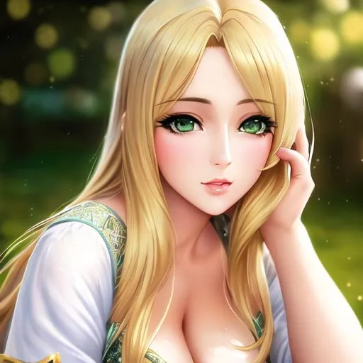 Prompt: blond hair and green eyes waifu, lovely expression, oil painting, UHD, 8k, Very detailed, very beaitiful girl, cinematic, realistic, photoreal, trending on artstation, sharp focus, studio photo, intricate details