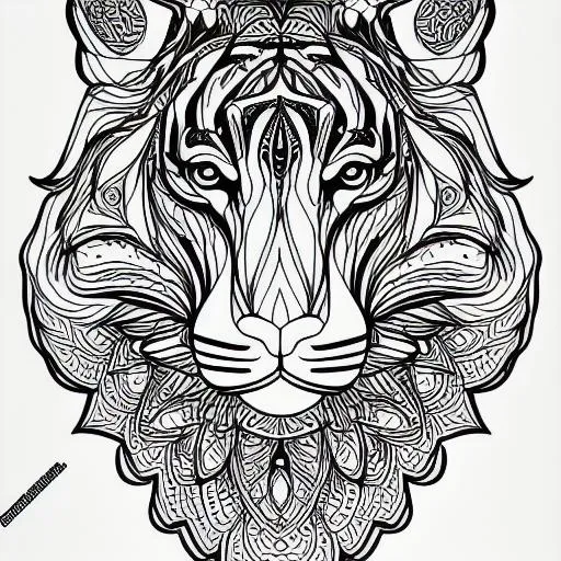Prompt: coloring page for adults, mandala, tiger image, white background, clean line art, fine line art --HD--AR 3:4
