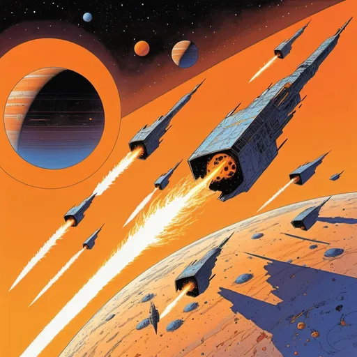 Prompt: Illustration in style of Moebius, Jean Giraud, a space battle between multiple bird-like starships with a orange gas giant in the background to the right, as seen from space