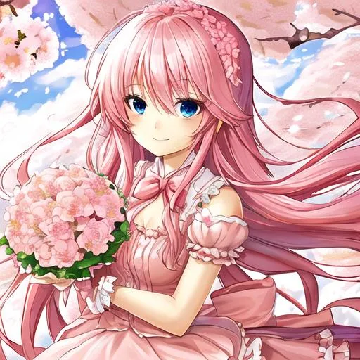 Prompt: cute waifu with a medium rack, with long pink hair, wearing a frilly pink dress, holding a bouquet of cherry blossom flowers, big blue eyes, and a gentle smile.