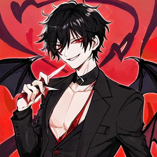 Prompt: Damien (male, short black hair, red eyes), demon form, grinning seductively, holding a knife, hearts around him
