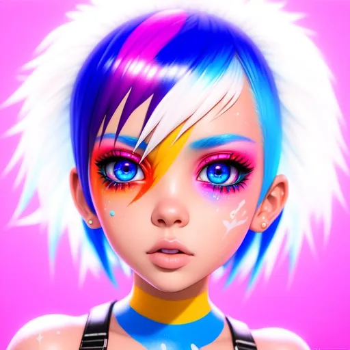 Prompt: a full body colorful stunning, cyber  kid, photorealistic eyes, white short hotpants, dynamic, particulate, elegant, Hyperrealism, highly detailed,  airbrush, acrylic on paper, volumetric lighting, rugged texture, occlusion, smooth, sharp focus, 128K UHD octane render, w more detail, ultra realistic, insane detail, cinematic, Curvaceous Light bending, fuzzy, Extremely detailed high quality, breathtaking, Award winning, highly detailed, wide-angle lens, hyperrealistic, Glowing, launge, edgelord.
