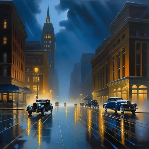 Prompt: Gotham City, rain, fog, dark blue atmosphere, realistic, cartoony style, extremely detailed painting by Greg Rutkowski and by Henry Justice Ford and by Steve Henderson