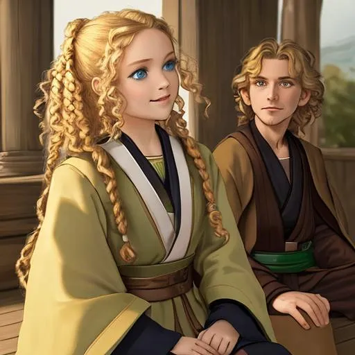 Prompt: happy padawan girl which has curly blonde hair and green eyes is sitting and talking with her master (man)