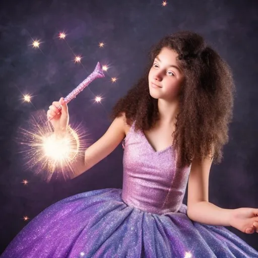 Prompt: 16 year old girl in a glittery puffy ball gown casting a spell with her magic wand 