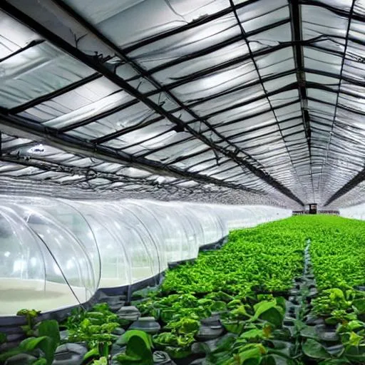 Prompt: photo, many small inflatable clear latex tent full of  hydroponic plants and mist inside a large warehouse
