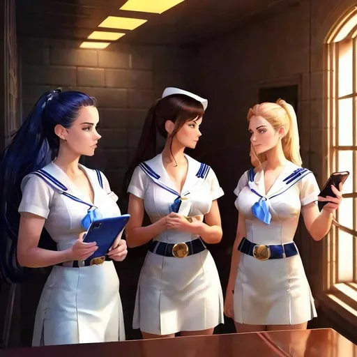 Prompt: {{{{highest quality concept art masterpiece}}}} 3 sailors holding cell phones , digital drawing oil painting, 128k UHD HDR, hyperrealistic intricate, comic (HDR, UHD, 64k, best quality, RAW photograph, best quality, masterpiece:1.5),UHD, hd ,3 women, holding cell phones  hero pose, on the dock, holding cell phones , 3 women wearing sailor armour, ocean background,  3 women wearing sailor uniforms. Ocean background, standing posing in front of a ocean, beach, ocean, full form, detailed sailor armor, highly detailed sailor clothing, 3 detailed sailor girls.  {{{{highest quality concept art masterpiece}}}} digital drawing oil painting, 128k UHD HDR, hyperrealistic intricate.