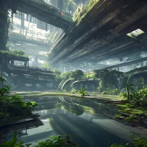 Prompt: Old abandoned Futuristic city overgrown with lush green plants reflection lake light bluse sky high resolution 8k