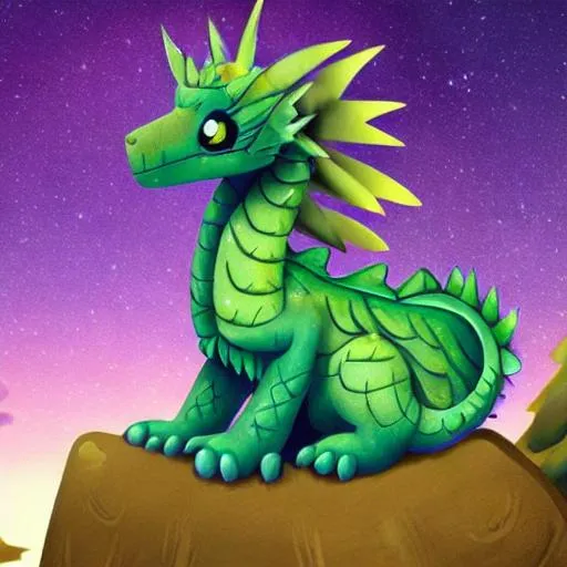 Prompt: A cute fluffy dragon sits on a high cliff and looks at the forest at night under the starry sky