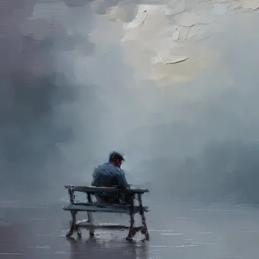 Prompt: Impressionism oil painting or a man sitting in a chair holding his head crying alone grey cold blue minimal big brush strokes
