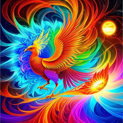 Prompt: color Fractal geometry exists in the background knowledge of the world, full color Fractal geometry exists in the foreground knowledge of the world, perfect detailed phoenix bird, holding the sun with its claw, a painting photography technique, amazing colors.
