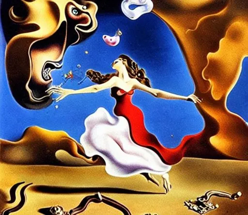 Prompt: jewels falling from a bag that a woman is holding whilst she is running away from the devil salvator dali style painting