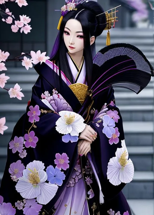 Prompt: High quality portrait of a Japanese Oiran. she is walking in a cherry blossom garden, She has lightly colored pale skin and is very beautiful. Her hair is black and is decorated with purple, silver, and gold hairpins. Her elaborate kimonos are white and purple with checkered patterns. She wears a blue spider lily on her left ear and wears a beautiful purple obi patterned with traditional Japanese mist colored white.