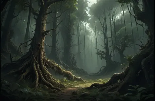 Prompt: Warhammer fantasy RPG style forest, detailed vegetation, towering ancient trees, ominous atmosphere, high quality, dark fantasy, realistic lighting, earthy tones, dense foliage, misty and mysterious, sprawling roots, mystical ambiance, atmospheric mood, large twisted branches, grand scale, rich textures, foreboding environment