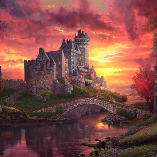 Prompt: Beautiful castle sunset, oil painting, UHD, 8k, Very detailed, cinematic, realistic, photoreal, trending on artstation, sharp focus, studio photo, intricate details, colorful, pretty